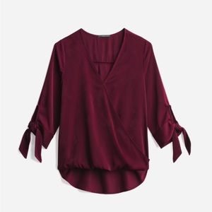 (❤️ $4 when you bundle) Allan Surplice Satin Tie Sleeve Blouse - Burgundy - S